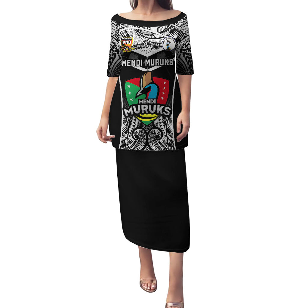 Papua New Guinea Rugby Puletasi Mendi Muruks PNG Polynesian Pattern LT14 Long Dress Black - Polynesian Pride