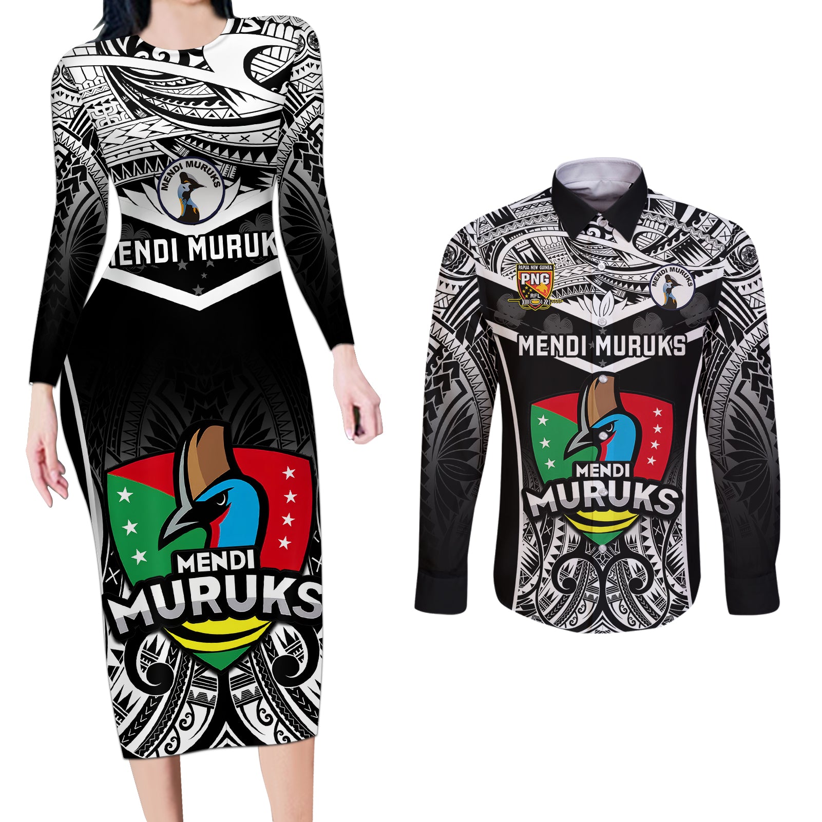 Custom Papua New Guinea Rugby Couples Matching Long Sleeve Bodycon Dress and Long Sleeve Button Shirts Mendi Muruks PNG Polynesian Pattern LT14 Black - Polynesian Pride