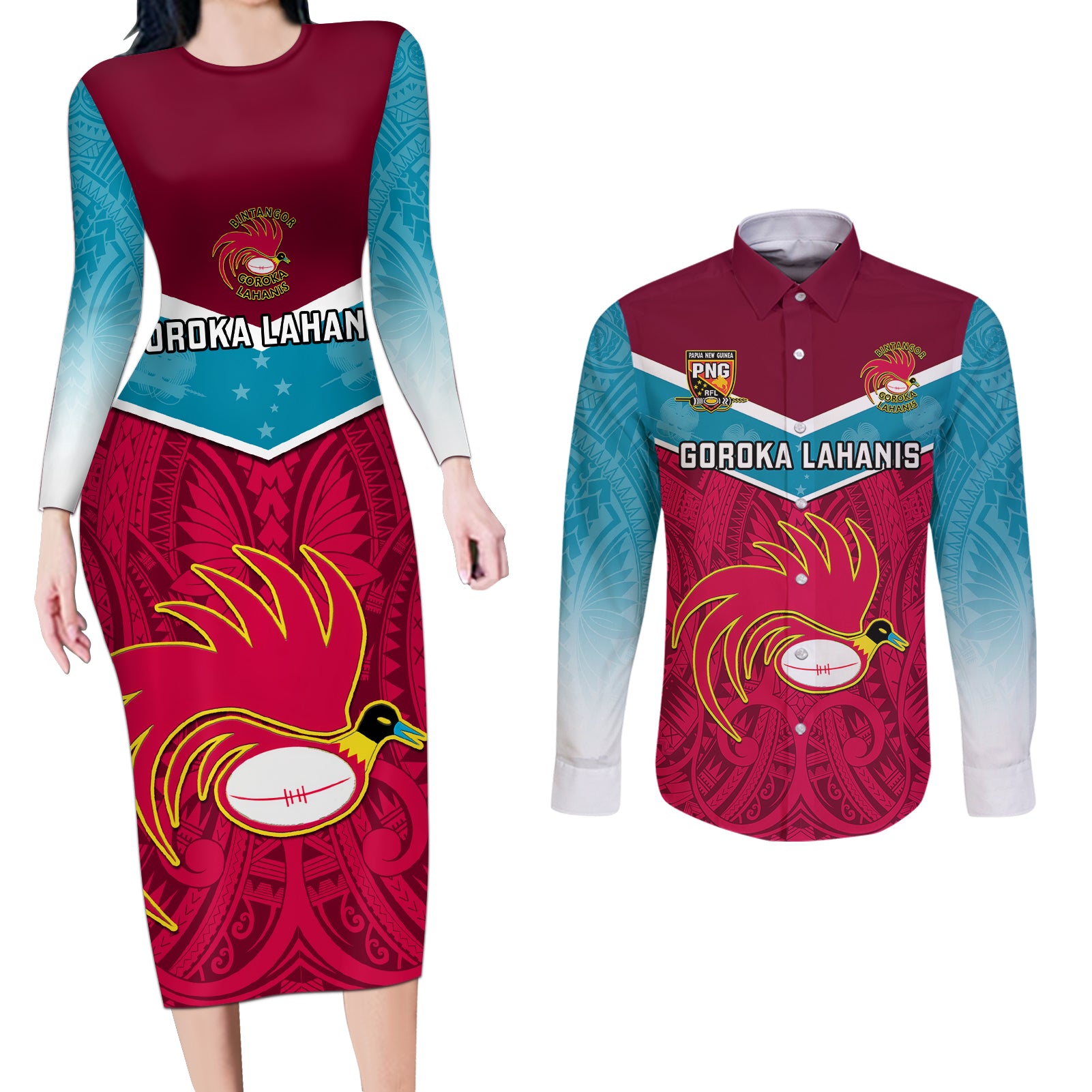 Papua New Guinea Rugby Couples Matching Long Sleeve Bodycon Dress and Long Sleeve Button Shirts Goroka Lahanis PNG Polynesian Pattern LT14 Red - Polynesian Pride