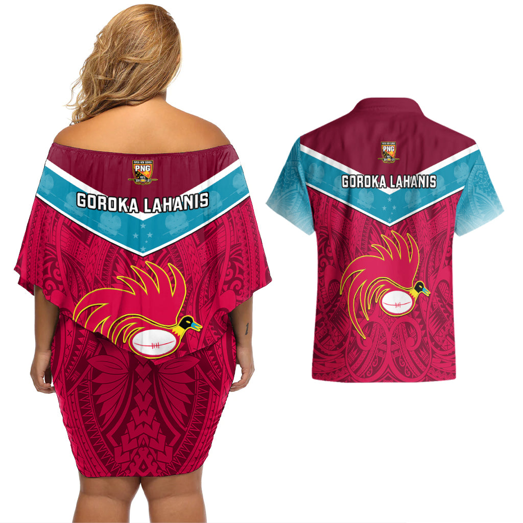 Papua New Guinea Rugby Couples Matching Off Shoulder Short Dress and Hawaiian Shirt Goroka Lahanis PNG Polynesian Pattern LT14 - Polynesian Pride