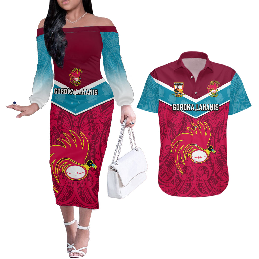 Papua New Guinea Rugby Couples Matching Off The Shoulder Long Sleeve Dress and Hawaiian Shirt Goroka Lahanis PNG Polynesian Pattern LT14 Red - Polynesian Pride