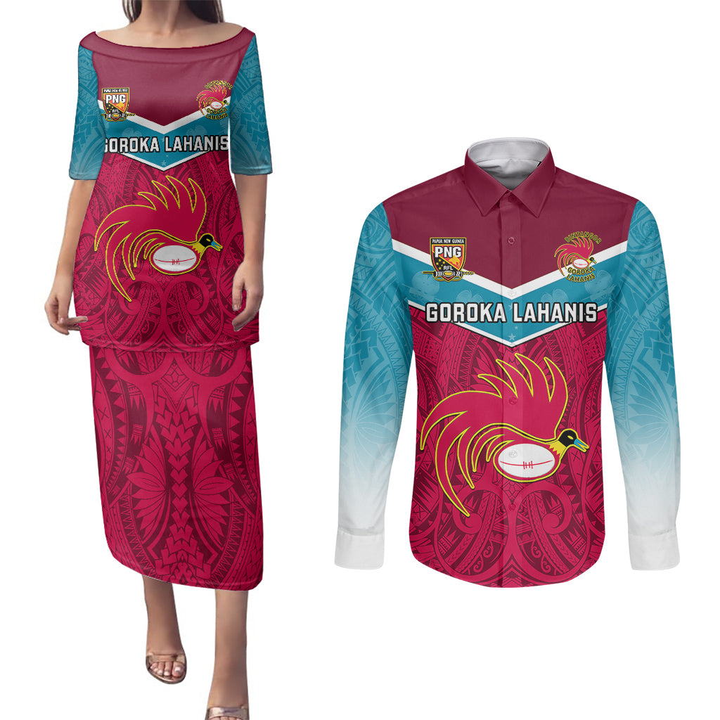 Papua New Guinea Rugby Couples Matching Puletasi Dress and Long Sleeve Button Shirts Goroka Lahanis PNG Polynesian Pattern LT14 Red - Polynesian Pride
