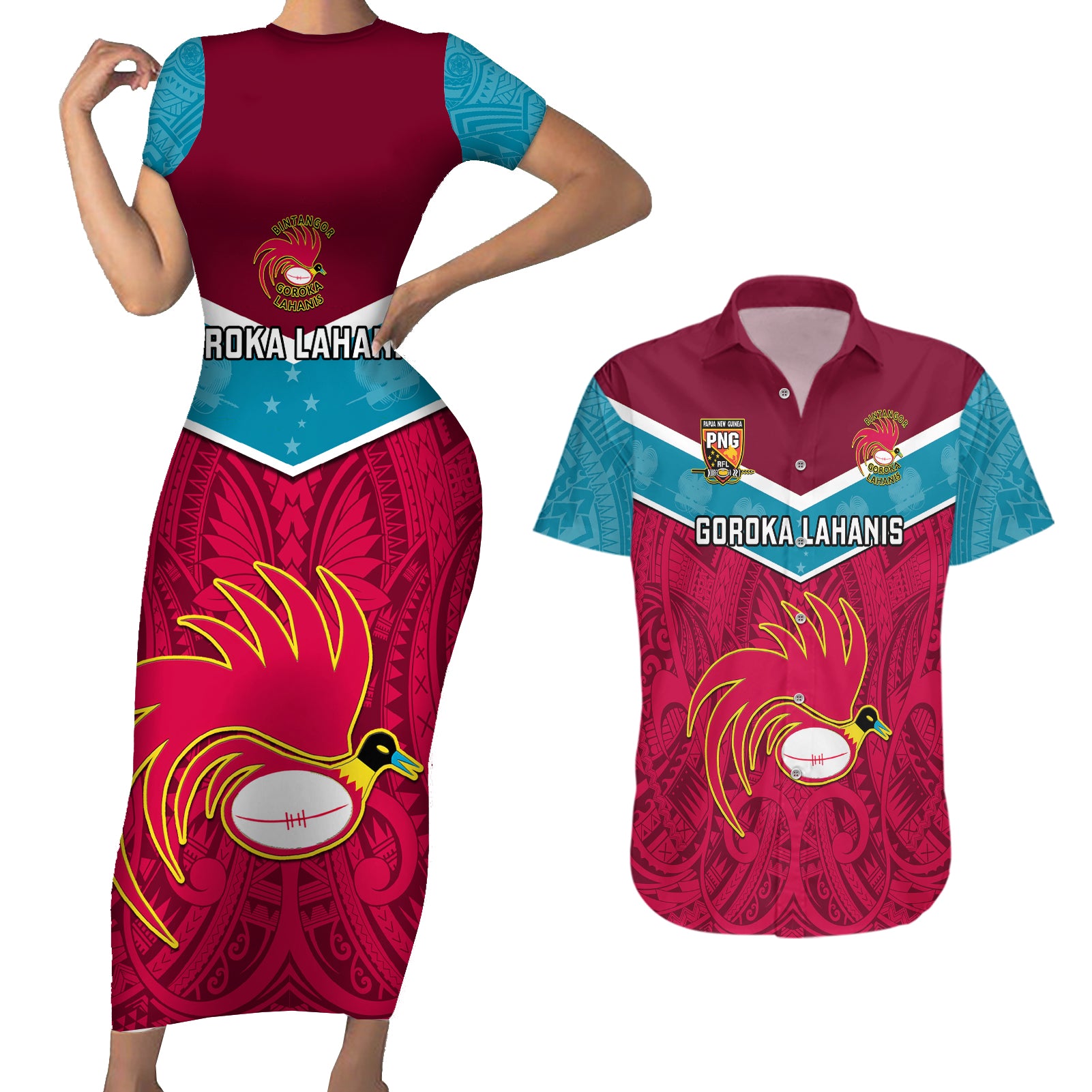 Papua New Guinea Rugby Couples Matching Short Sleeve Bodycon Dress and Hawaiian Shirt Goroka Lahanis PNG Polynesian Pattern LT14 Red - Polynesian Pride