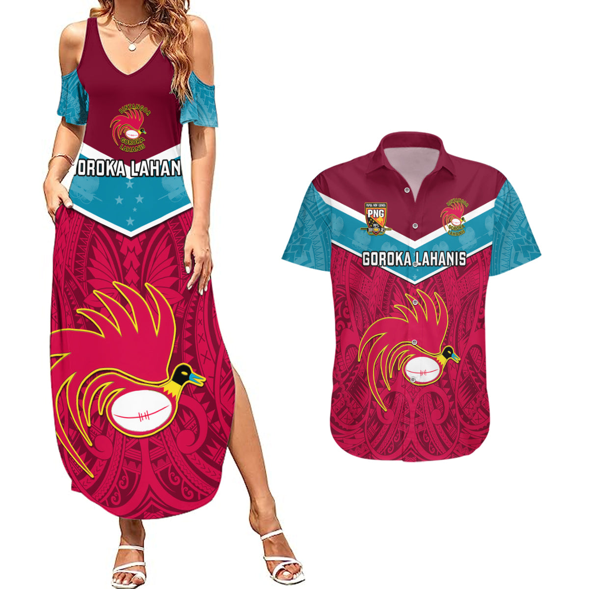 Papua New Guinea Rugby Couples Matching Summer Maxi Dress and Hawaiian Shirt Goroka Lahanis PNG Polynesian Pattern LT14 Red - Polynesian Pride