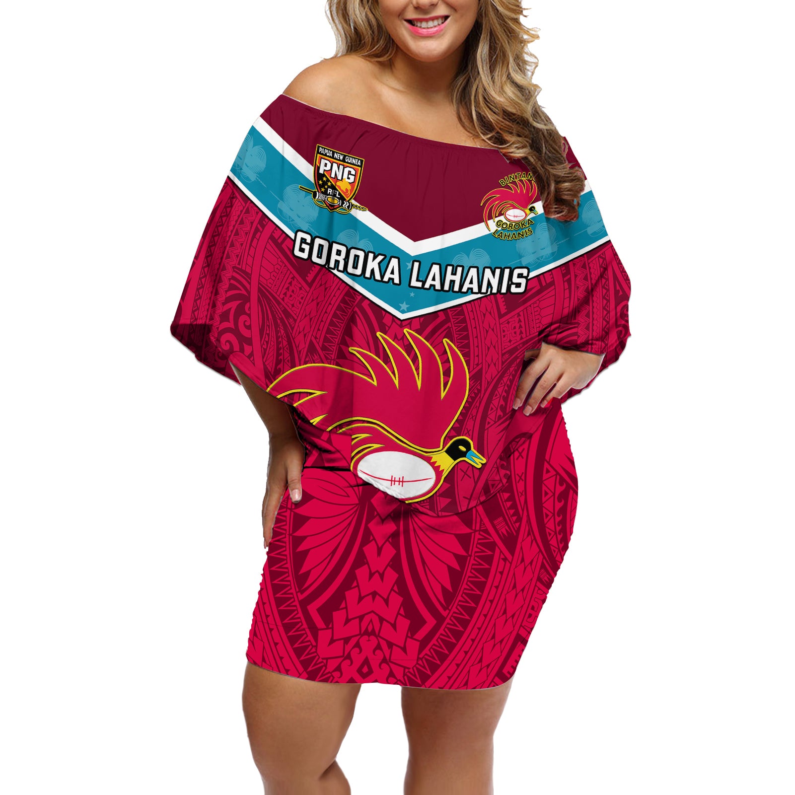 Papua New Guinea Rugby Off Shoulder Short Dress Goroka Lahanis PNG Polynesian Pattern LT14 Women Red - Polynesian Pride