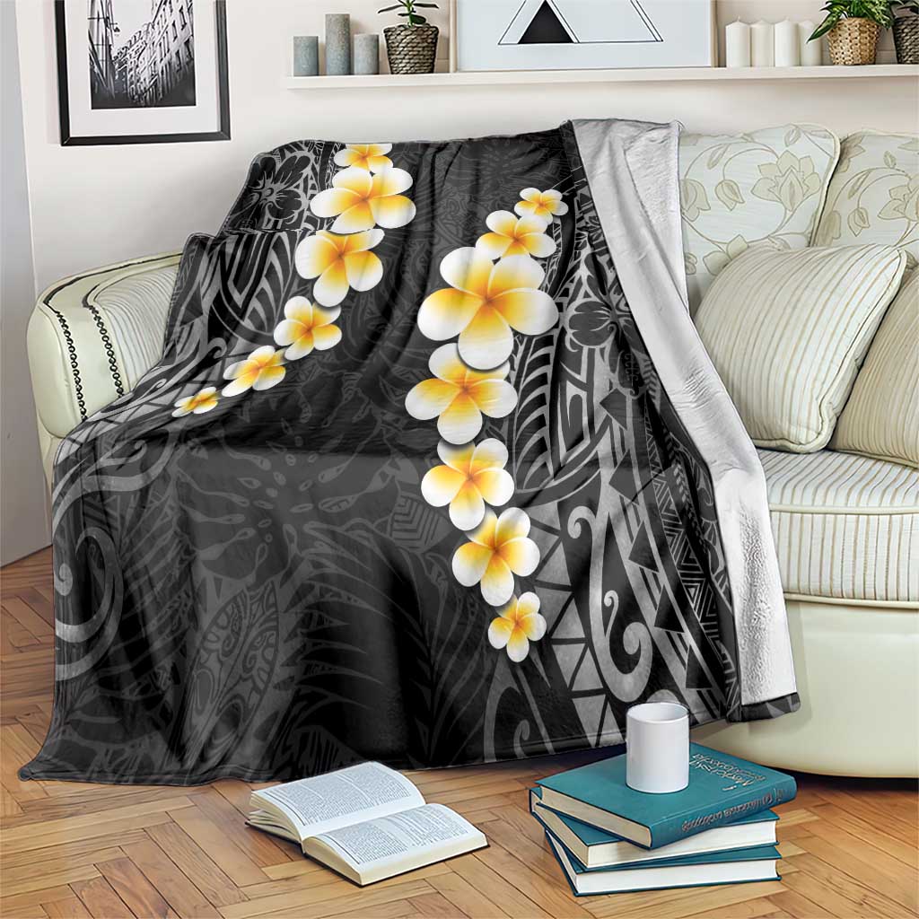 Black Tropical Plumeria With Galaxy Polynesian Art Blanket