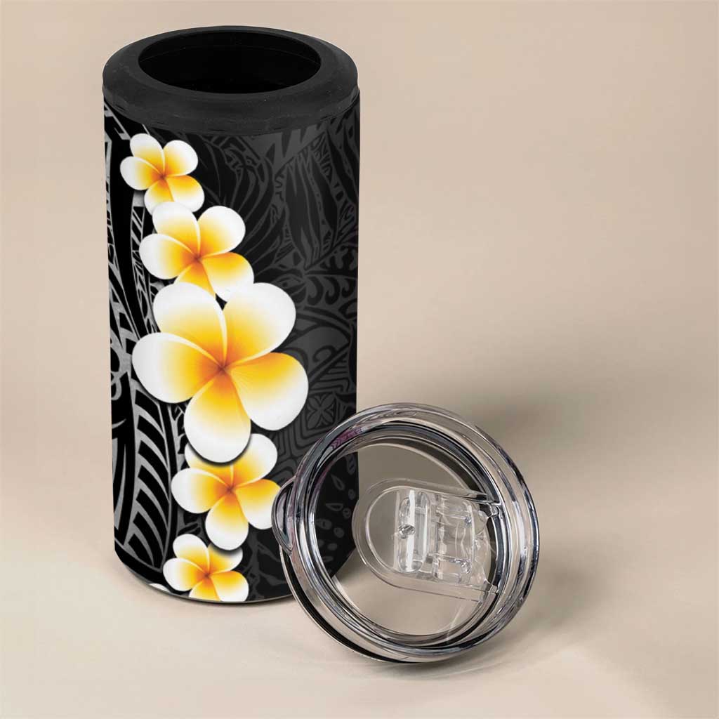 Black Tropical Plumeria With Galaxy Polynesian Art 4 in 1 Can Cooler Tumbler