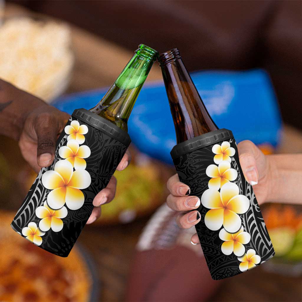 Black Tropical Plumeria With Galaxy Polynesian Art 4 in 1 Can Cooler Tumbler