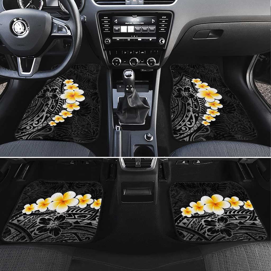 Black Tropical Plumeria With Galaxy Polynesian Art Car Mats