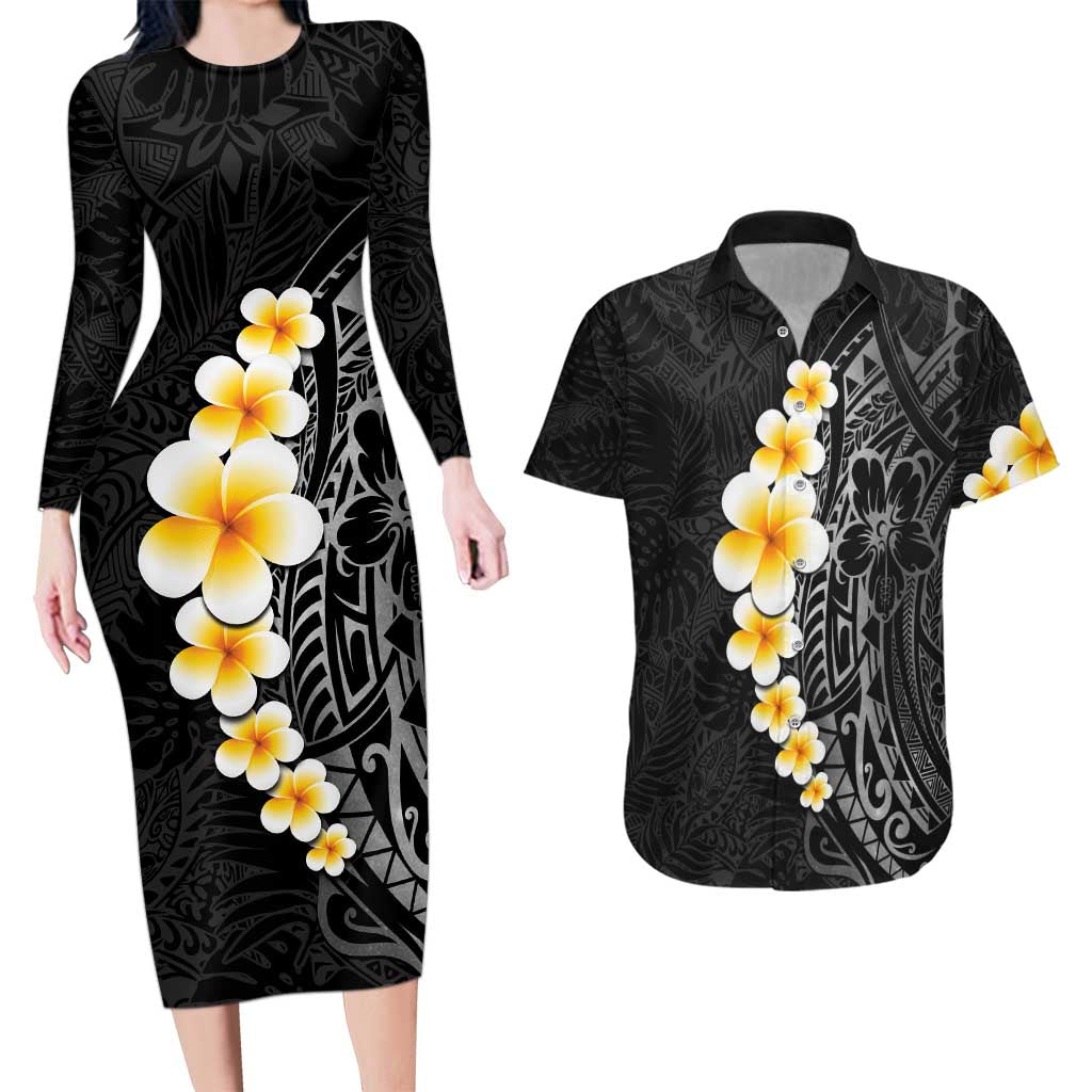 Black Tropical Plumeria With Galaxy Polynesian Art Couples Matching Long Sleeve Bodycon Dress and Hawaiian Shirt