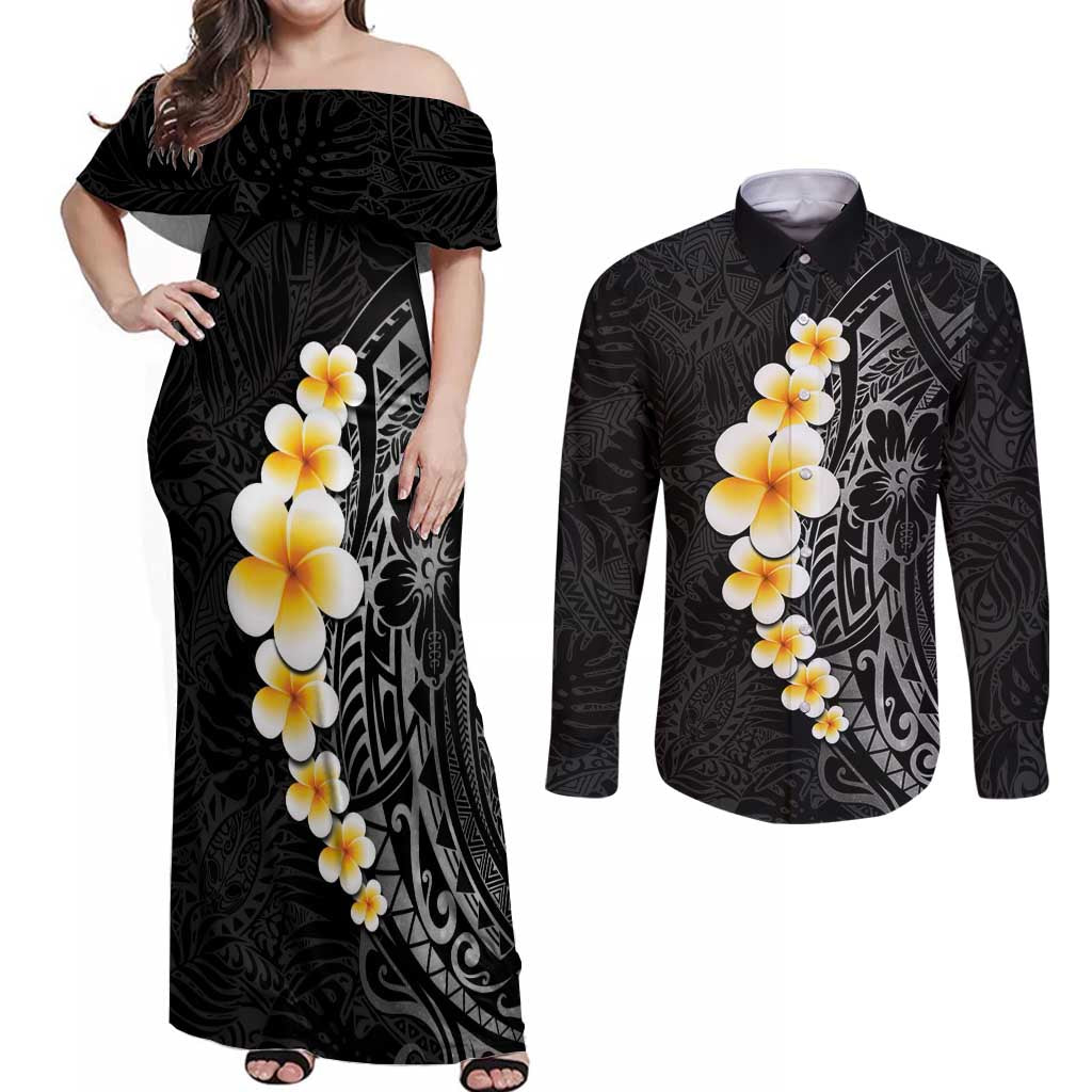 Black Tropical Plumeria With Galaxy Polynesian Art Couples Matching Off Shoulder Maxi Dress and Long Sleeve Button Shirt LT14 Black - Polynesian Pride