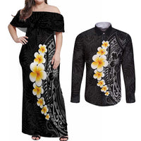 Black Tropical Plumeria With Galaxy Polynesian Art Couples Matching Off Shoulder Maxi Dress and Long Sleeve Button Shirt LT14 Black - Polynesian Pride