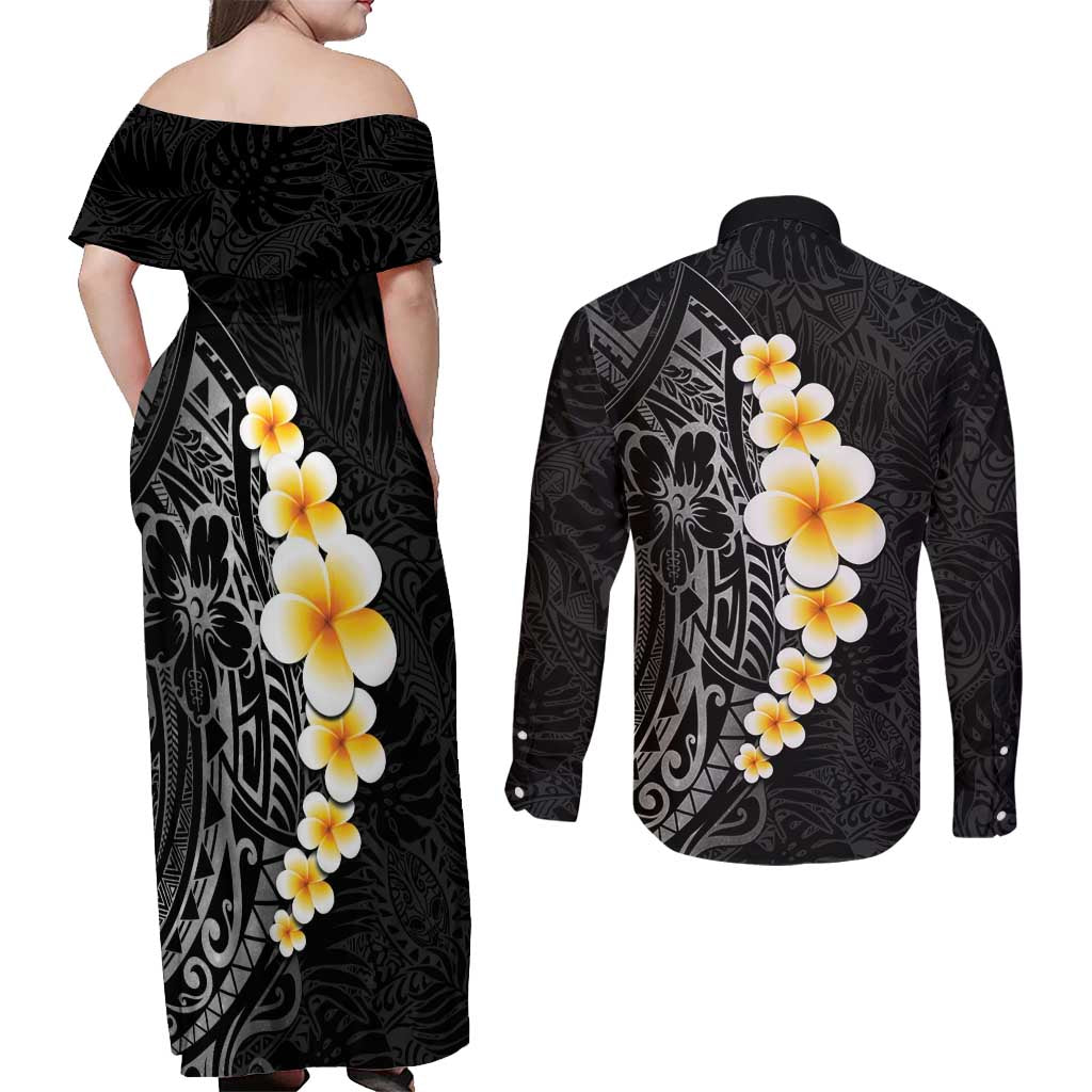 Black Tropical Plumeria With Galaxy Polynesian Art Couples Matching Off Shoulder Maxi Dress and Long Sleeve Button Shirt LT14 - Polynesian Pride
