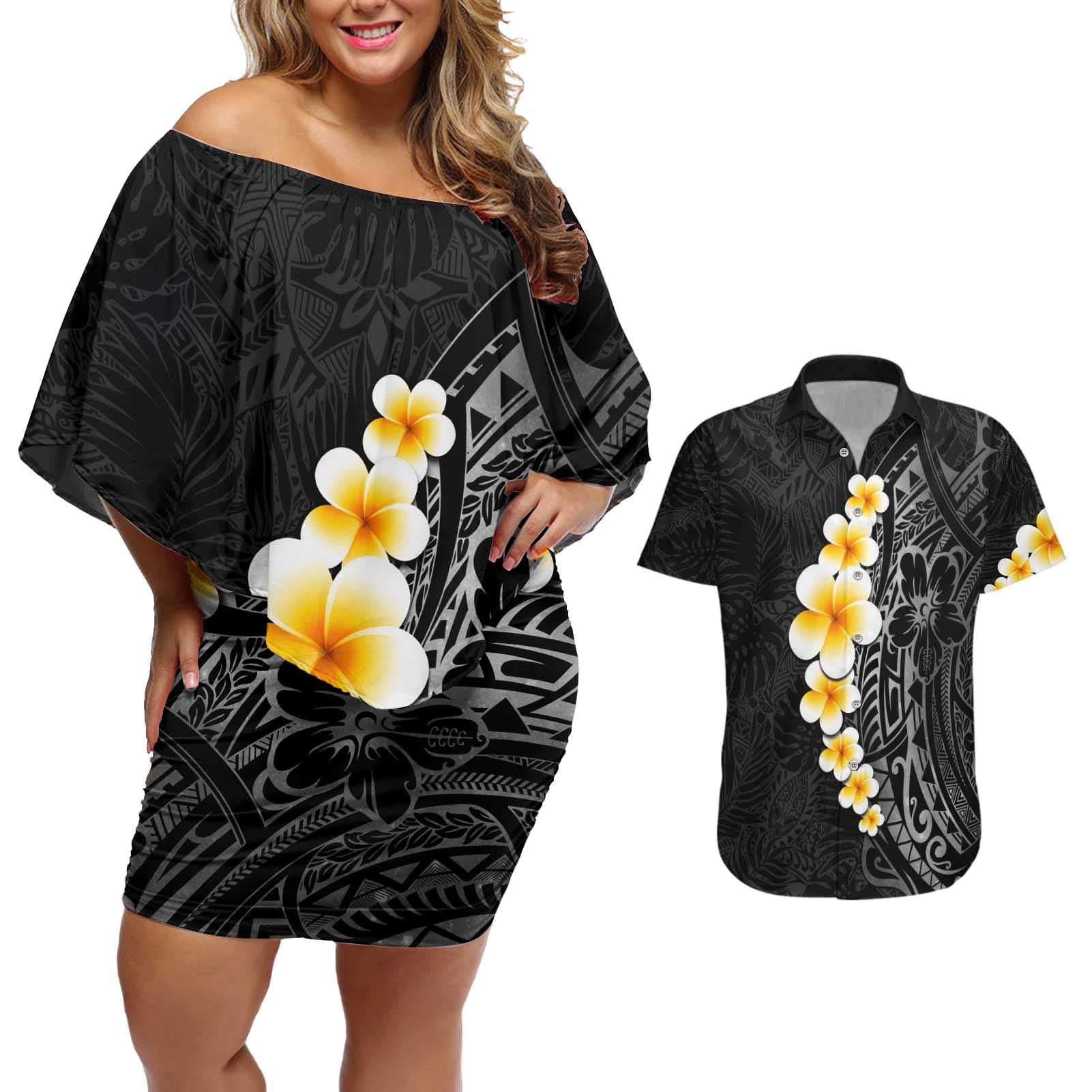 Black Tropical Plumeria With Galaxy Polynesian Art Couples Matching Off Shoulder Short Dress and Hawaiian Shirt