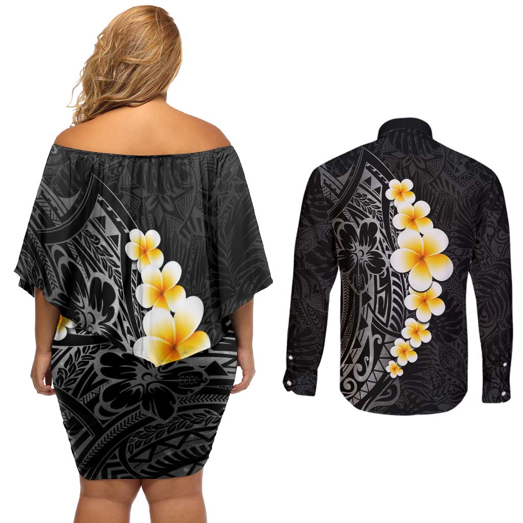 Black Tropical Plumeria With Galaxy Polynesian Art Couples Matching Off Shoulder Short Dress and Long Sleeve Button Shirt LT14 - Polynesian Pride