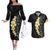 Black Tropical Plumeria With Galaxy Polynesian Art Couples Matching Off The Shoulder Long Sleeve Dress and Hawaiian Shirt