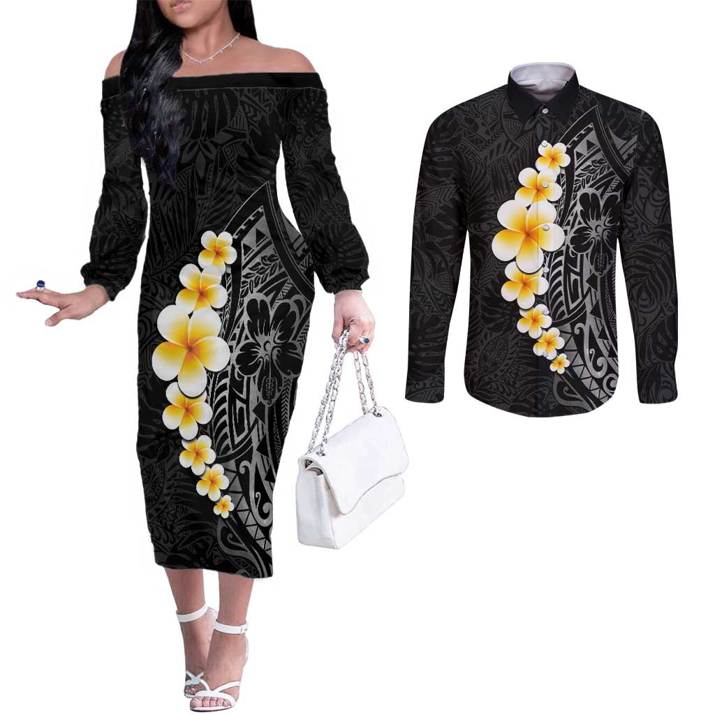 Black Tropical Plumeria With Galaxy Polynesian Art Couples Matching Off The Shoulder Long Sleeve Dress and Long Sleeve Button Shirt LT14 Black - Polynesian Pride