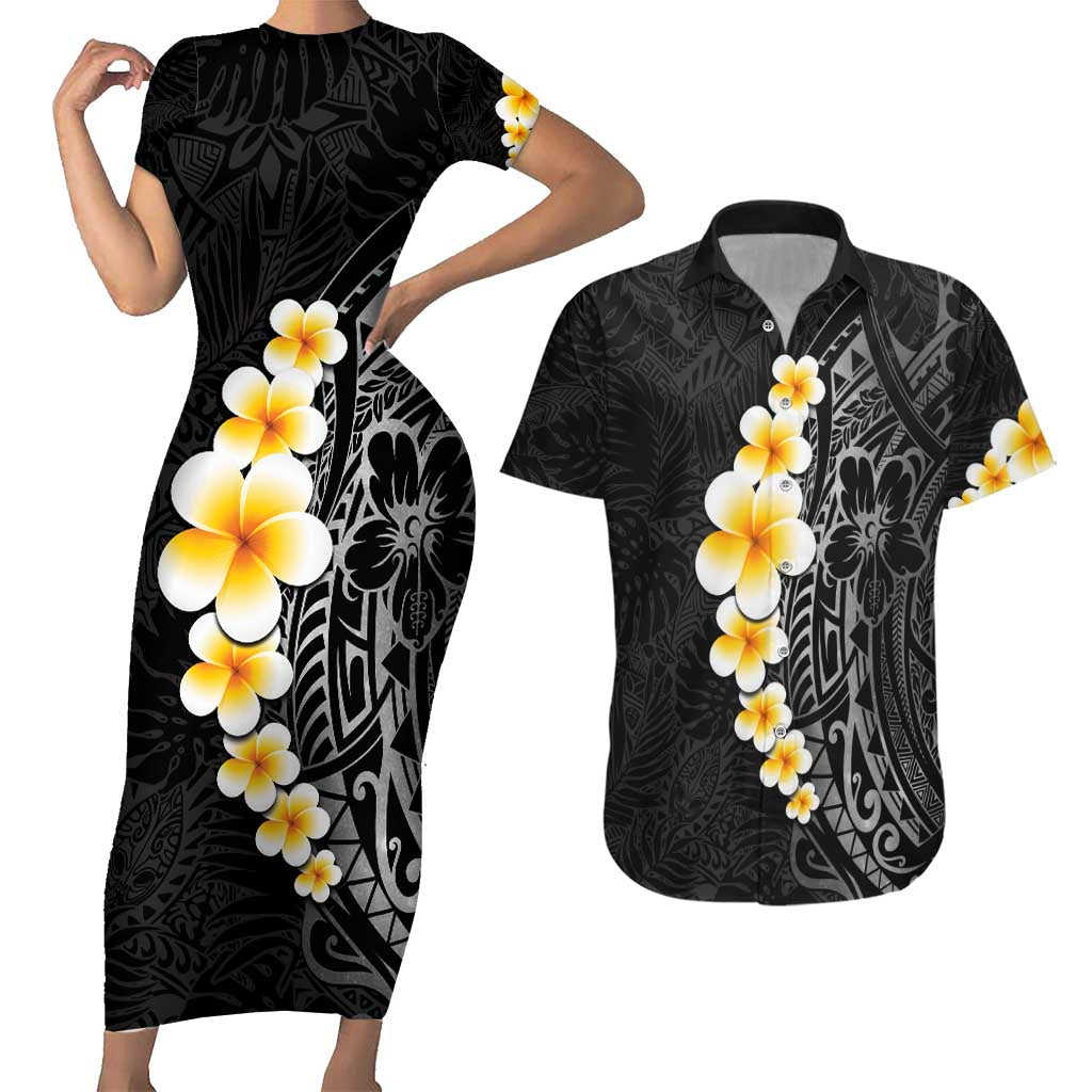 Black Tropical Plumeria With Galaxy Polynesian Art Couples Matching Short Sleeve Bodycon Dress and Hawaiian Shirt