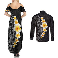Black Tropical Plumeria With Galaxy Polynesian Art Couples Matching Summer Maxi Dress and Long Sleeve Button Shirt