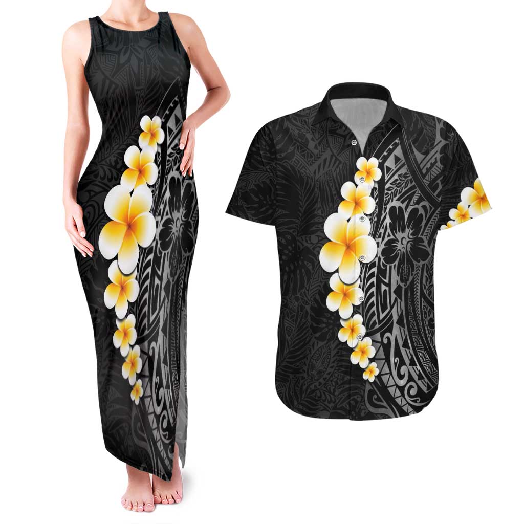 Black Tropical Plumeria With Galaxy Polynesian Art Couples Matching Tank Maxi Dress and Hawaiian Shirt