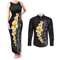 Black Tropical Plumeria With Galaxy Polynesian Art Couples Matching Tank Maxi Dress and Long Sleeve Button Shirt