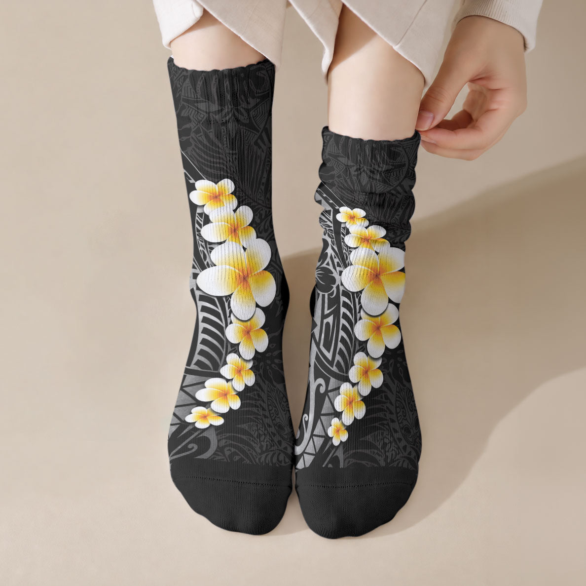 Black Tropical Plumeria With Galaxy Polynesian Art Crew Socks