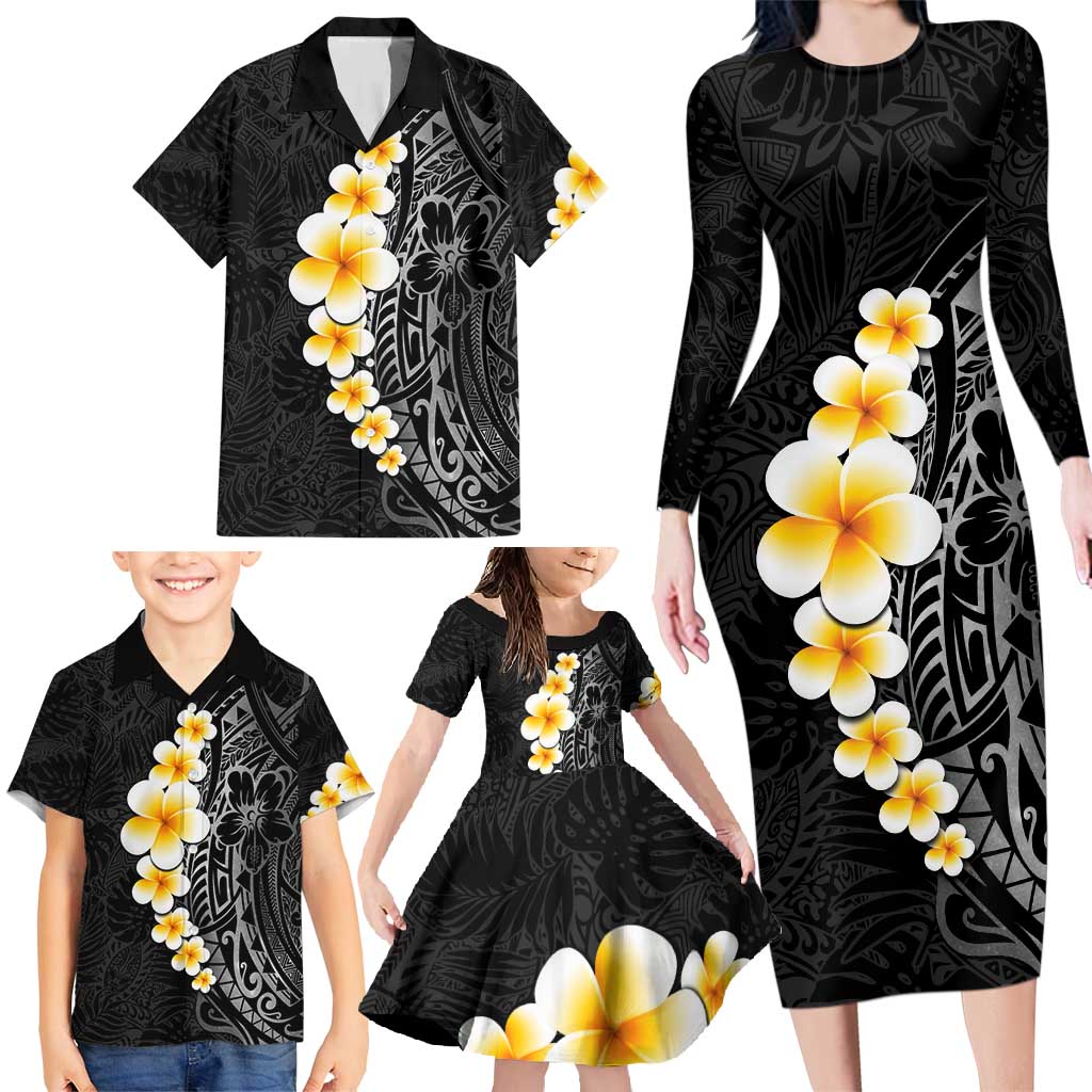 Black Tropical Plumeria With Galaxy Polynesian Art Family Matching Long Sleeve Bodycon Dress and Hawaiian Shirt