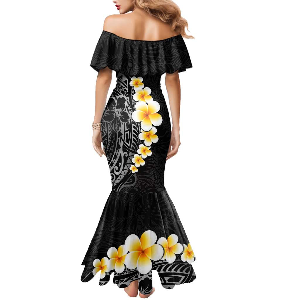 Black Tropical Plumeria With Galaxy Polynesian Art Family Matching Mermaid Dress and Hawaiian Shirt