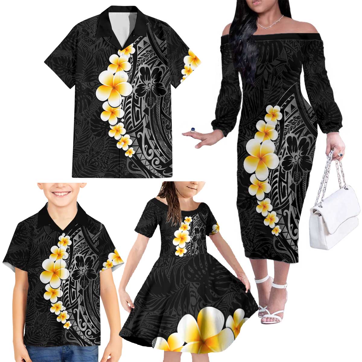 Black Tropical Plumeria With Galaxy Polynesian Art Family Matching Off The Shoulder Long Sleeve Dress and Hawaiian Shirt LT14 - Polynesian Pride