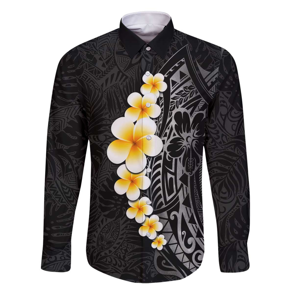 Black Tropical Plumeria With Galaxy Polynesian Art Family Matching Off The Shoulder Long Sleeve Dress and Hawaiian Shirt