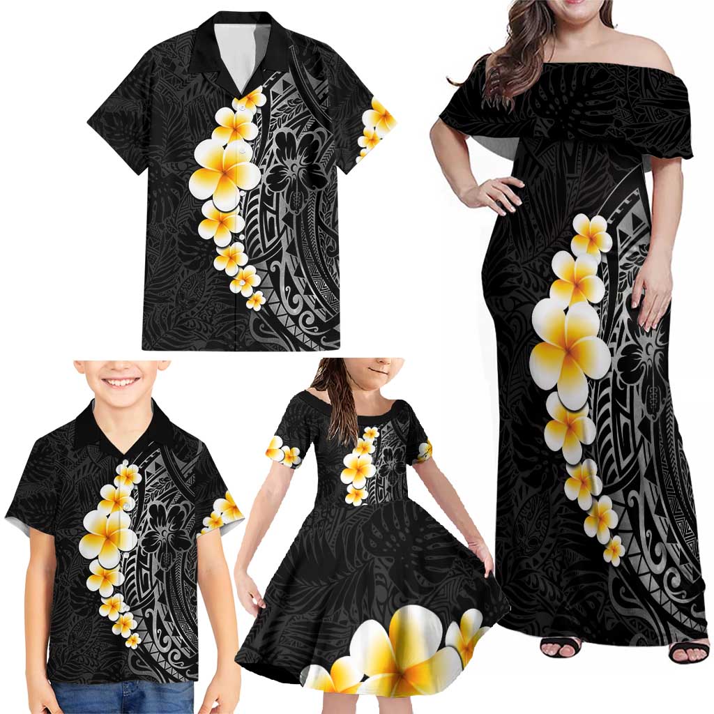 Black Tropical Plumeria With Galaxy Polynesian Art Family Matching Off Shoulder Maxi Dress and Hawaiian Shirt LT14 - Polynesian Pride