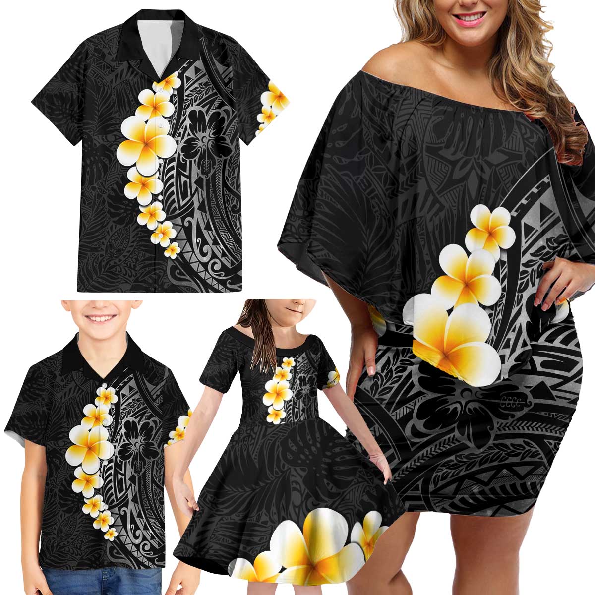 Black Tropical Plumeria With Galaxy Polynesian Art Family Matching Off Shoulder Short Dress and Hawaiian Shirt