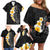 Black Tropical Plumeria With Galaxy Polynesian Art Family Matching Off Shoulder Short Dress and Hawaiian Shirt