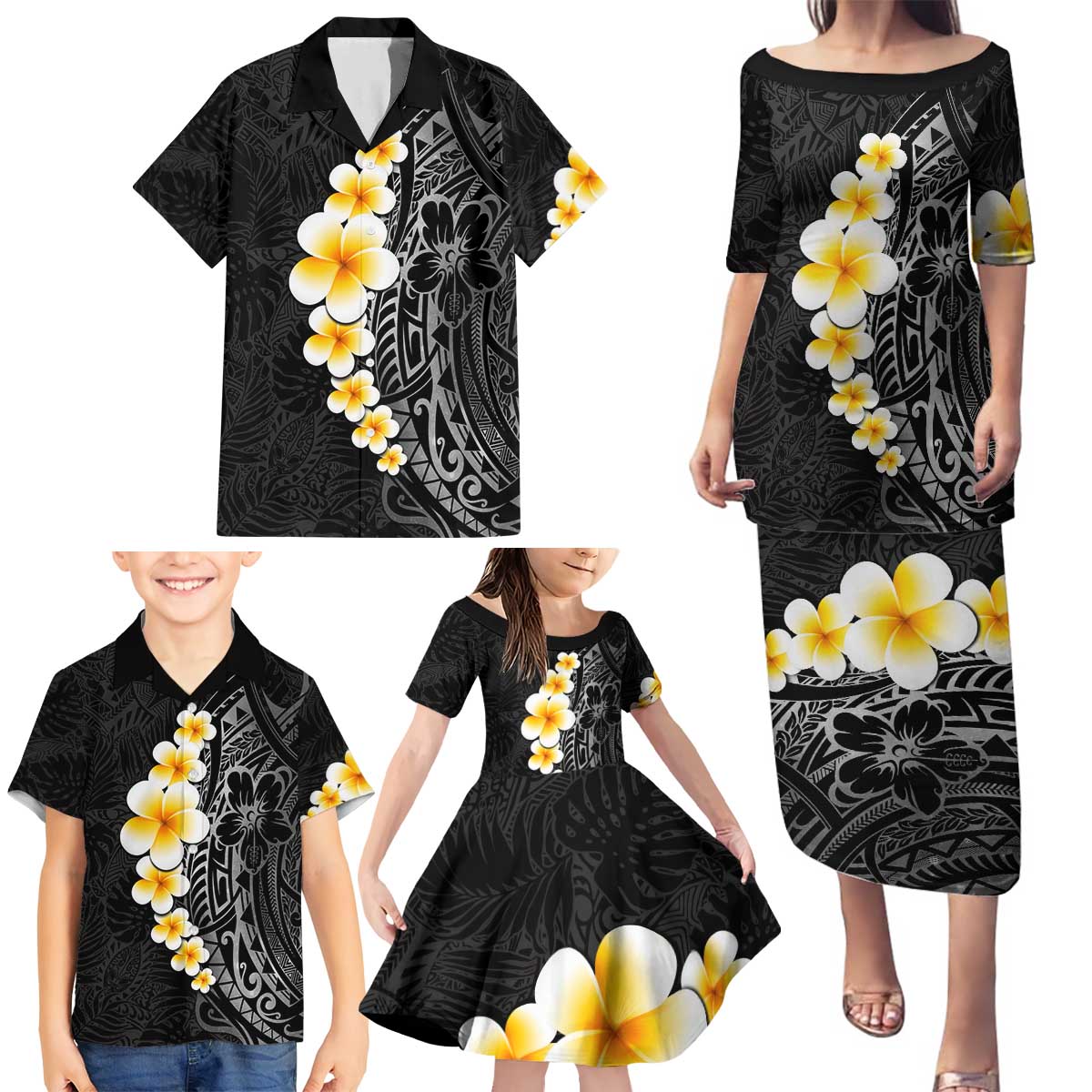 Black Tropical Plumeria With Galaxy Polynesian Art Family Matching Puletasi and Hawaiian Shirt