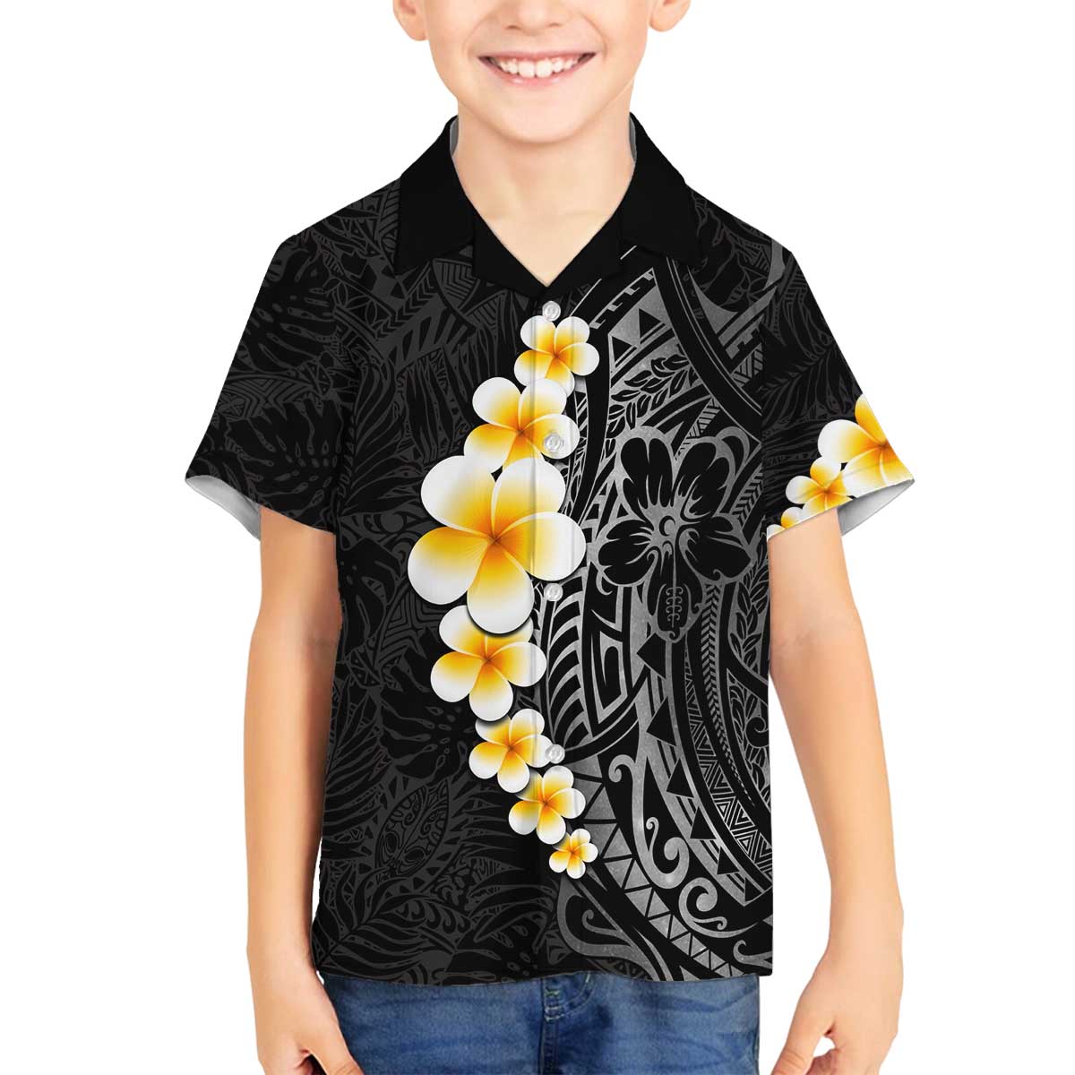 Black Tropical Plumeria With Galaxy Polynesian Art Family Matching Puletasi and Hawaiian Shirt LT14 Son's Shirt Black - Polynesian Pride
