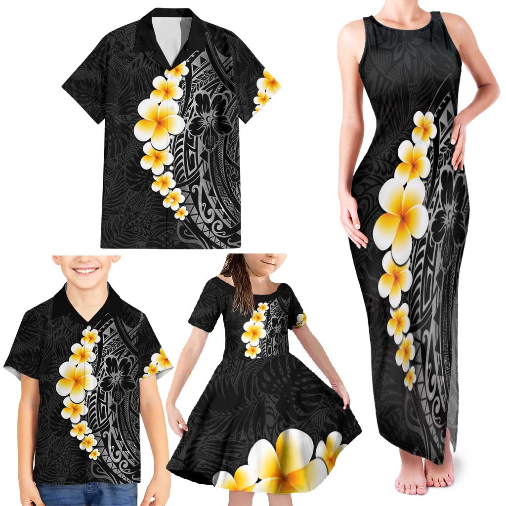 Black Tropical Plumeria With Galaxy Polynesian Art Family Matching Tank Maxi Dress and Hawaiian Shirt