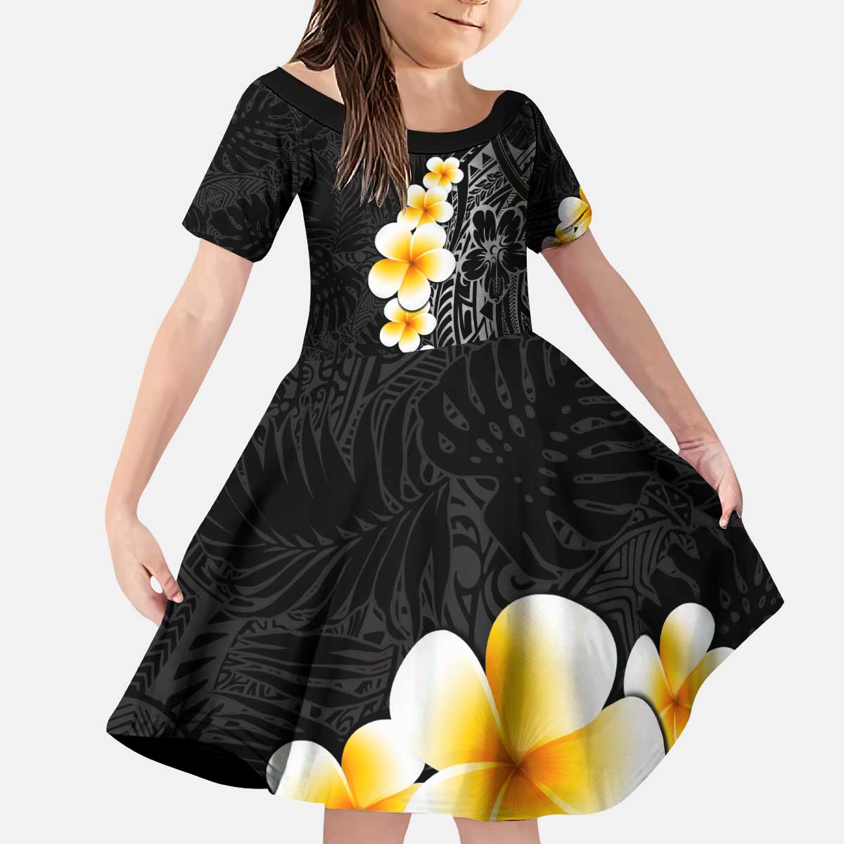 Black Tropical Plumeria With Galaxy Polynesian Art Kid Short Sleeve Dress