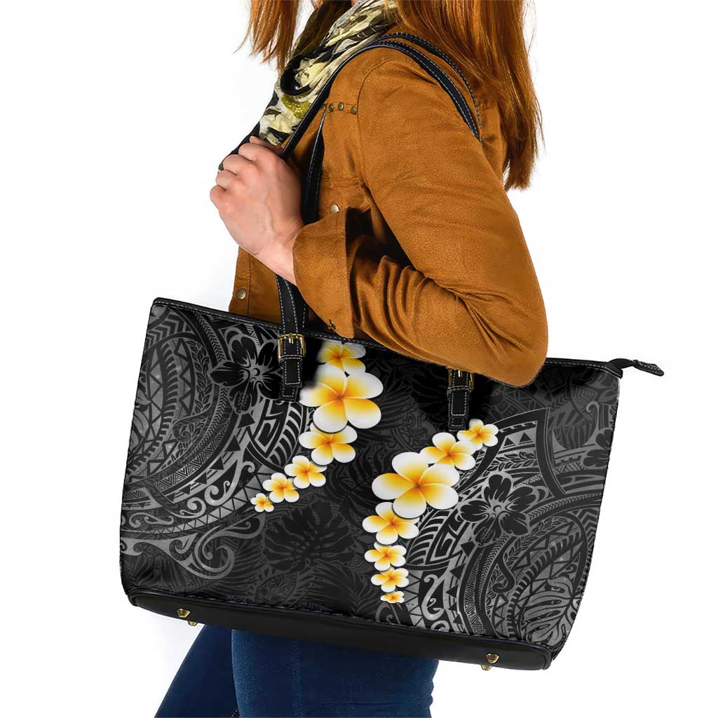 Black Tropical Plumeria With Galaxy Polynesian Art Leather Tote Bag