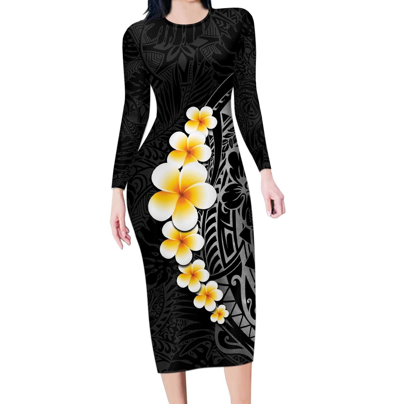 Black Tropical Plumeria With Galaxy Polynesian Art Long Sleeve Bodycon Dress