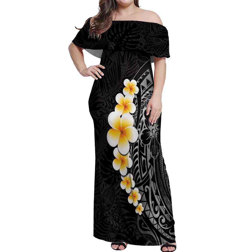 Black Tropical Plumeria With Galaxy Polynesian Art Off Shoulder Maxi Dress LT14 Women Black - Polynesian Pride