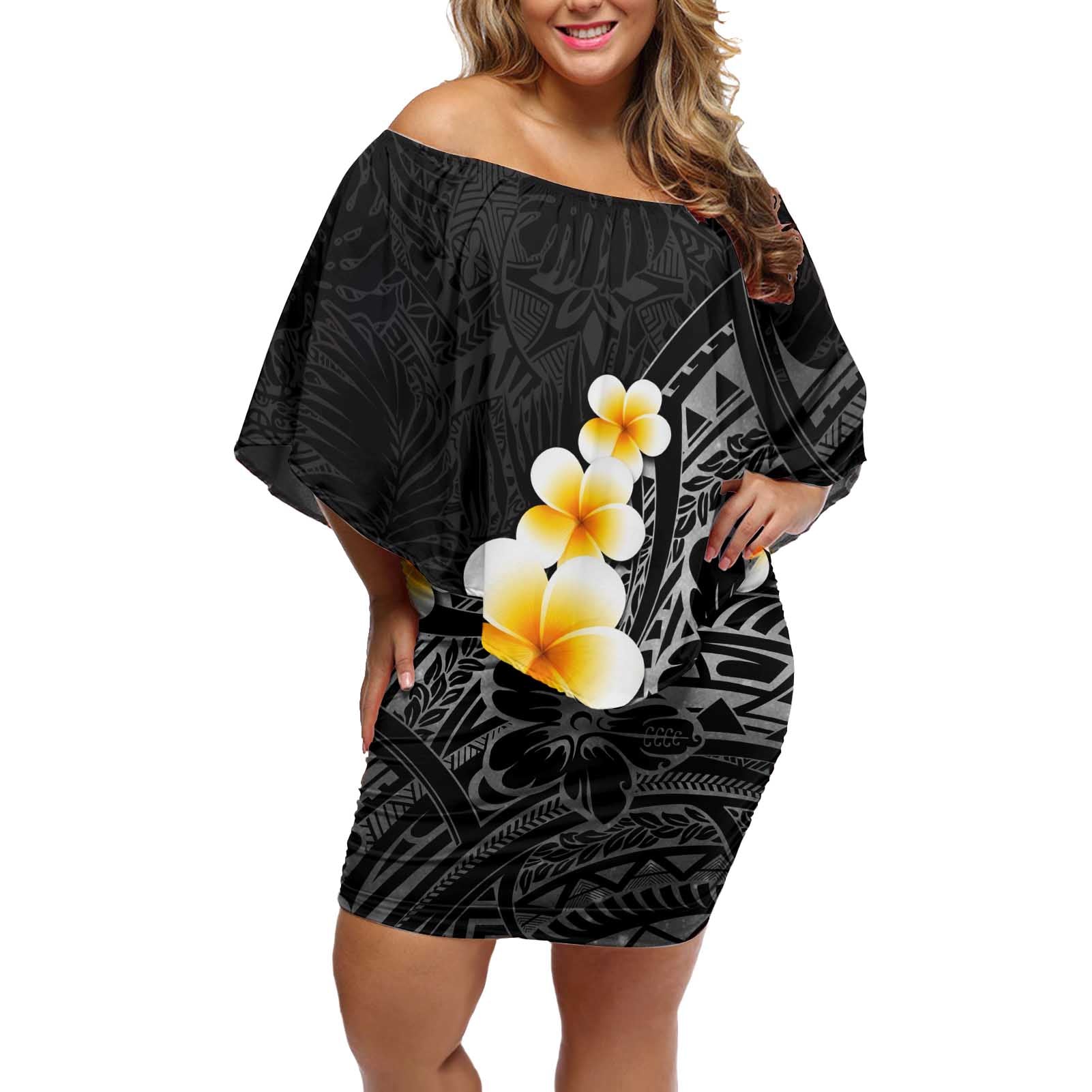 Black Tropical Plumeria With Galaxy Polynesian Art Off Shoulder Short Dress