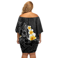 Black Tropical Plumeria With Galaxy Polynesian Art Off Shoulder Short Dress LT14 - Polynesian Pride