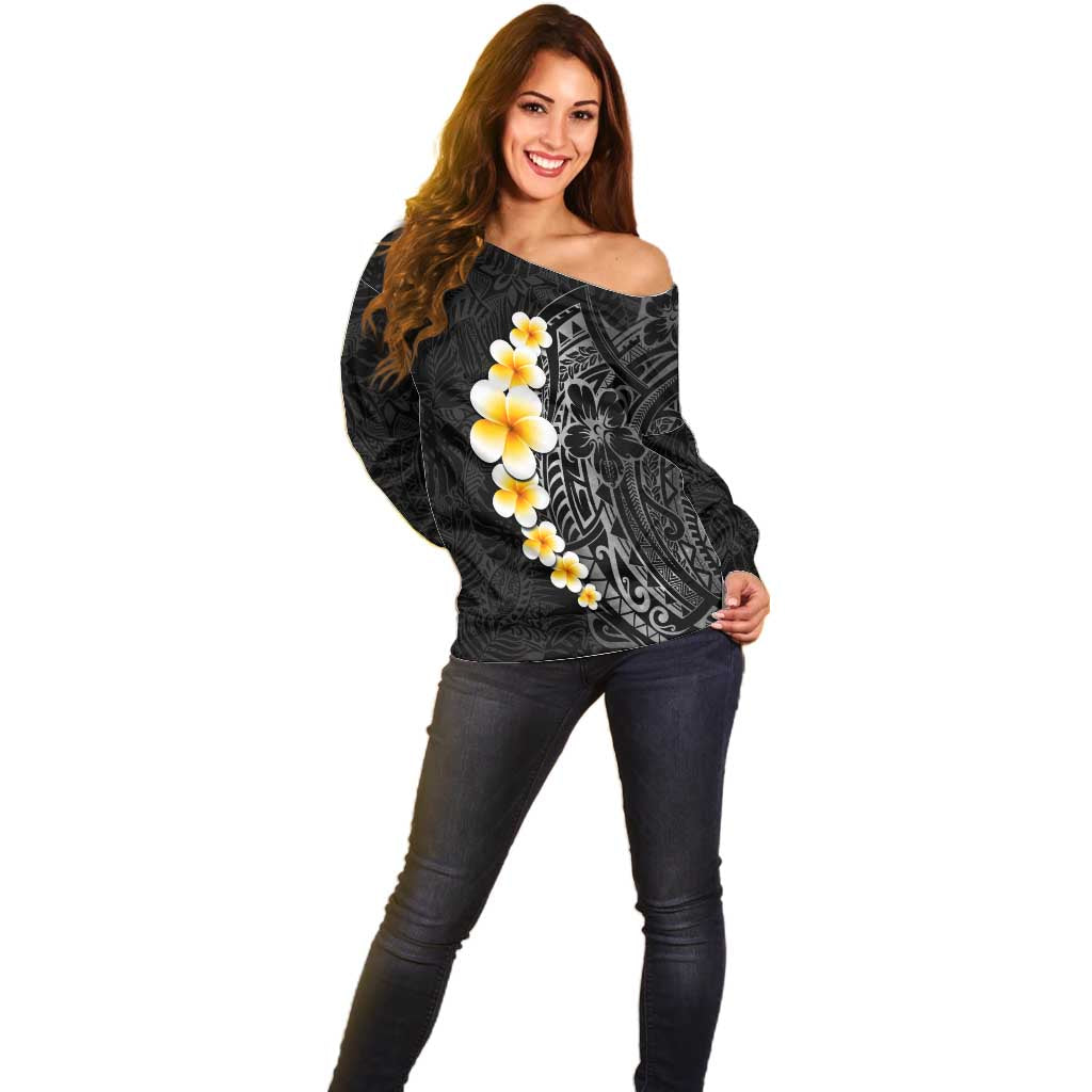 Black Tropical Plumeria With Galaxy Polynesian Art Off Shoulder Sweater