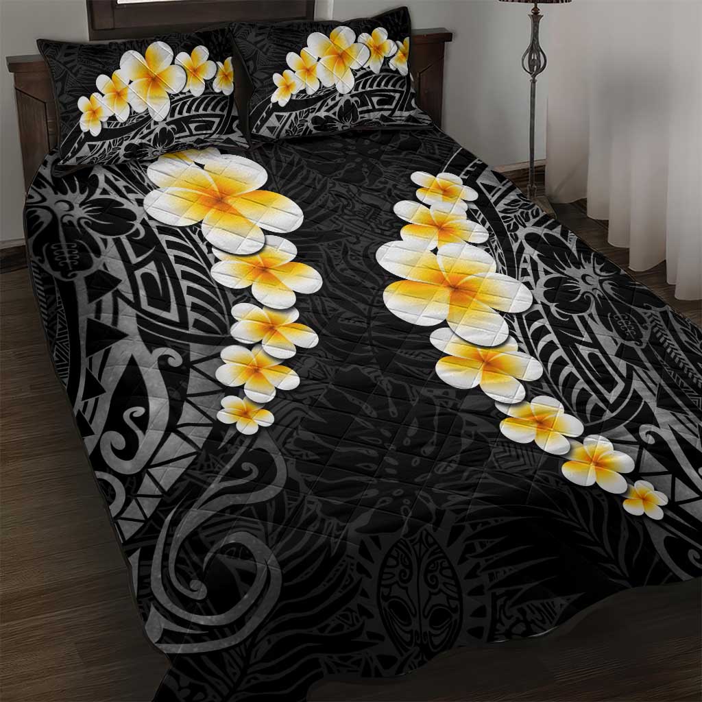 Black Tropical Plumeria With Galaxy Polynesian Art Quilt Bed Set