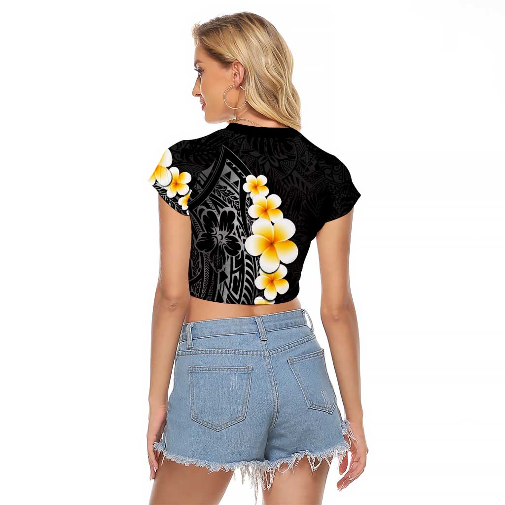 Black Tropical Plumeria With Galaxy Polynesian Art Raglan Cropped T Shirt