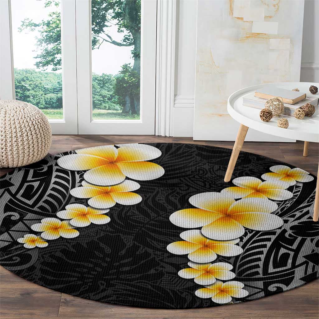 Black Tropical Plumeria With Galaxy Polynesian Art Round Carpet