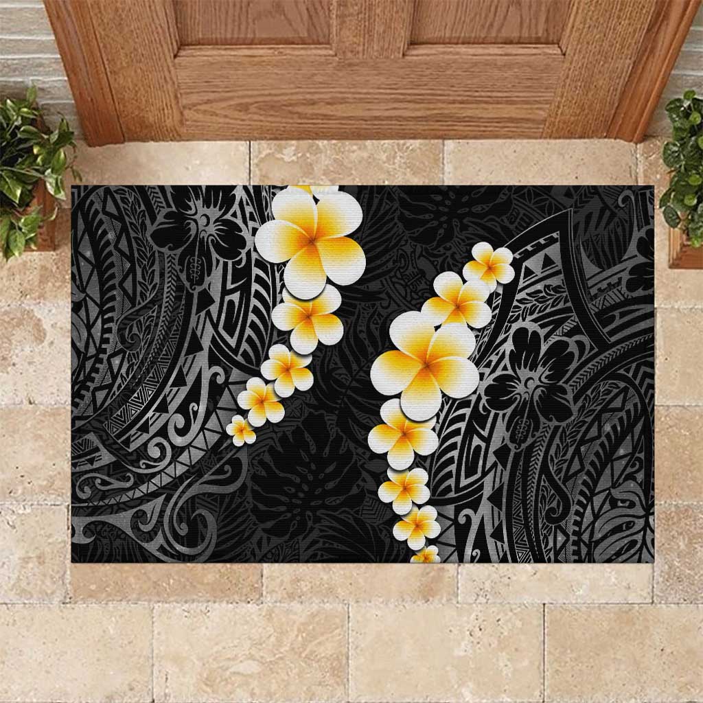 Black Tropical Plumeria With Galaxy Polynesian Art Rubber Doormat