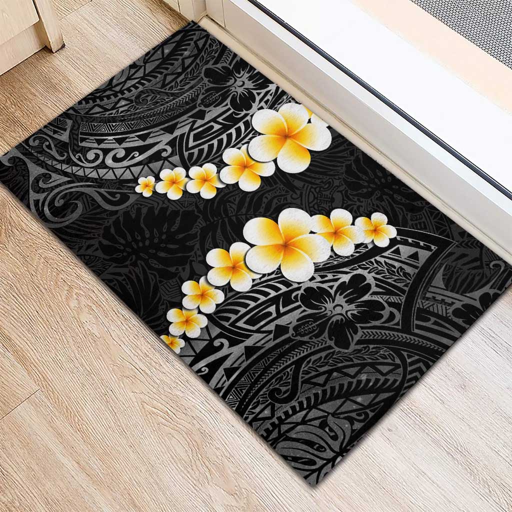 Black Tropical Plumeria With Galaxy Polynesian Art Rubber Doormat