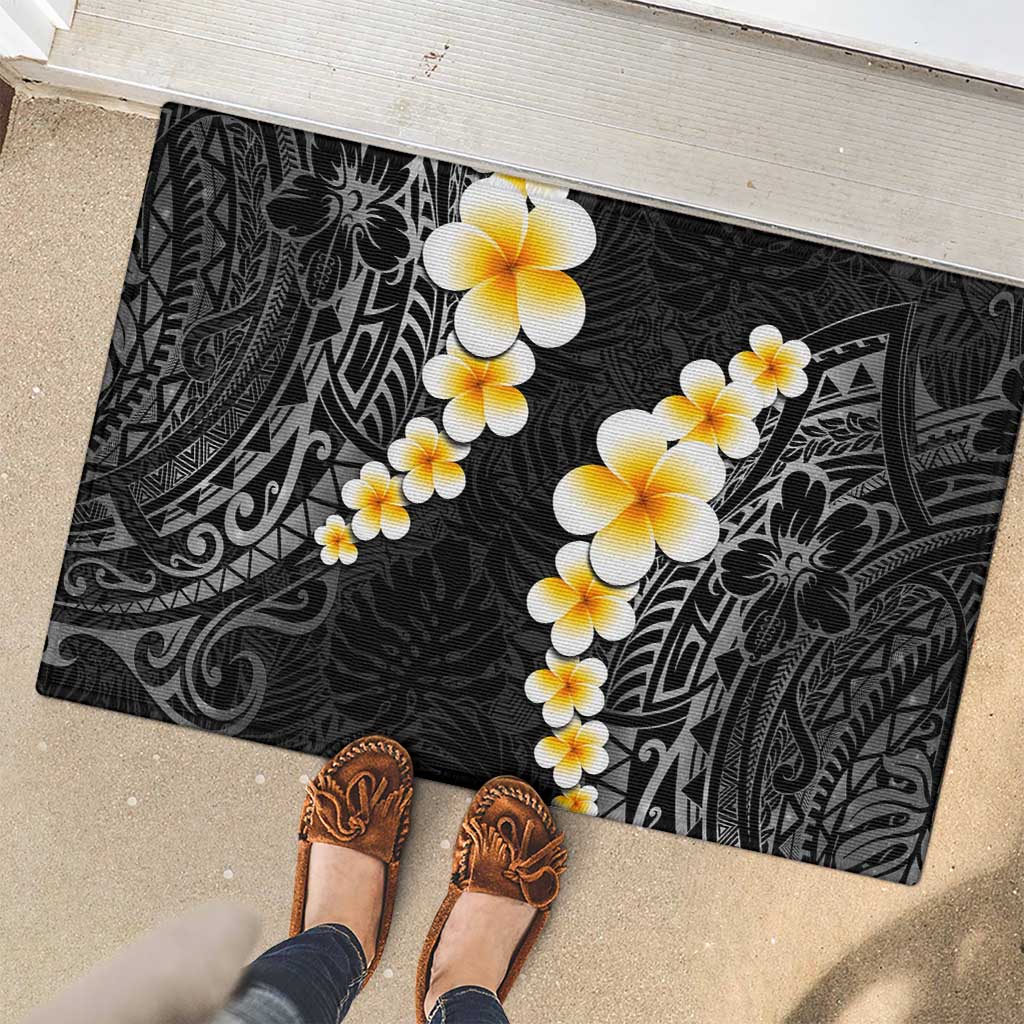 Black Tropical Plumeria With Galaxy Polynesian Art Rubber Doormat