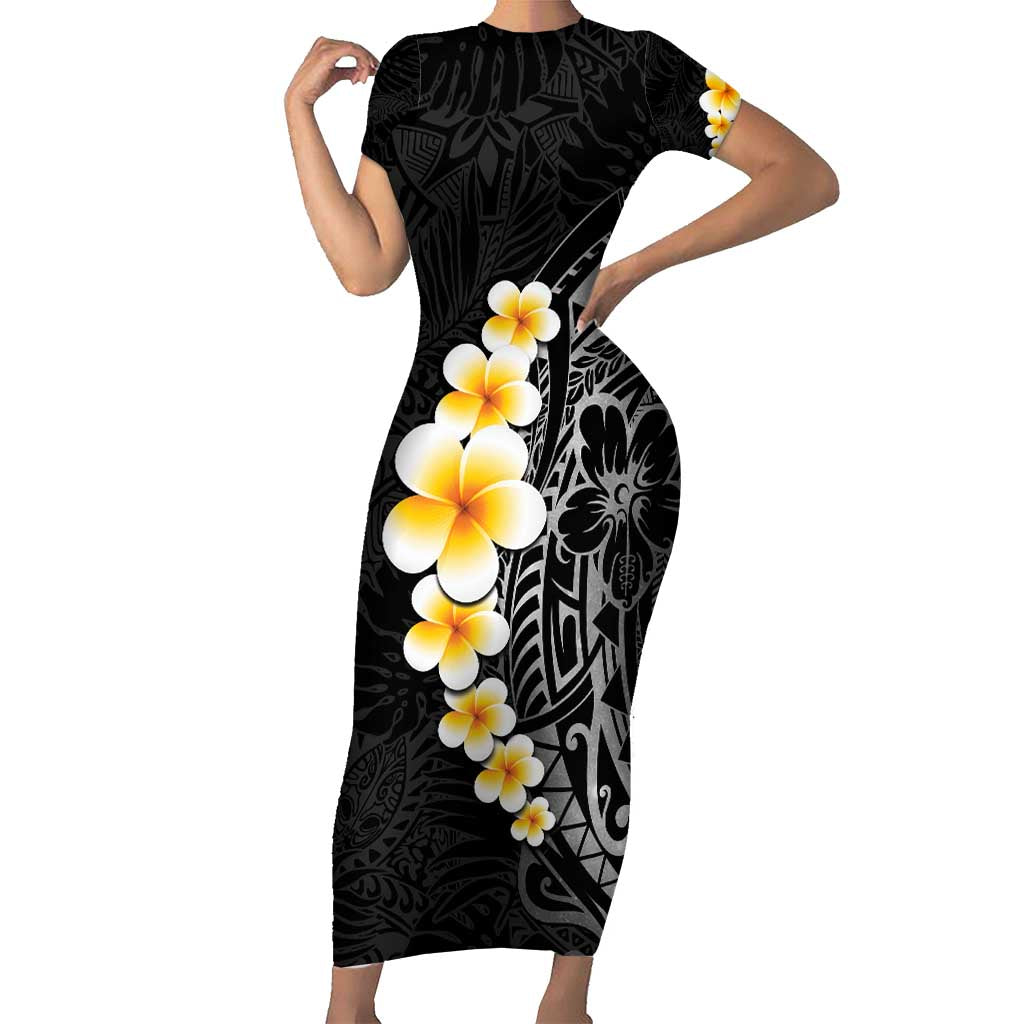 Black Tropical Plumeria With Galaxy Polynesian Art Short Sleeve Bodycon Dress